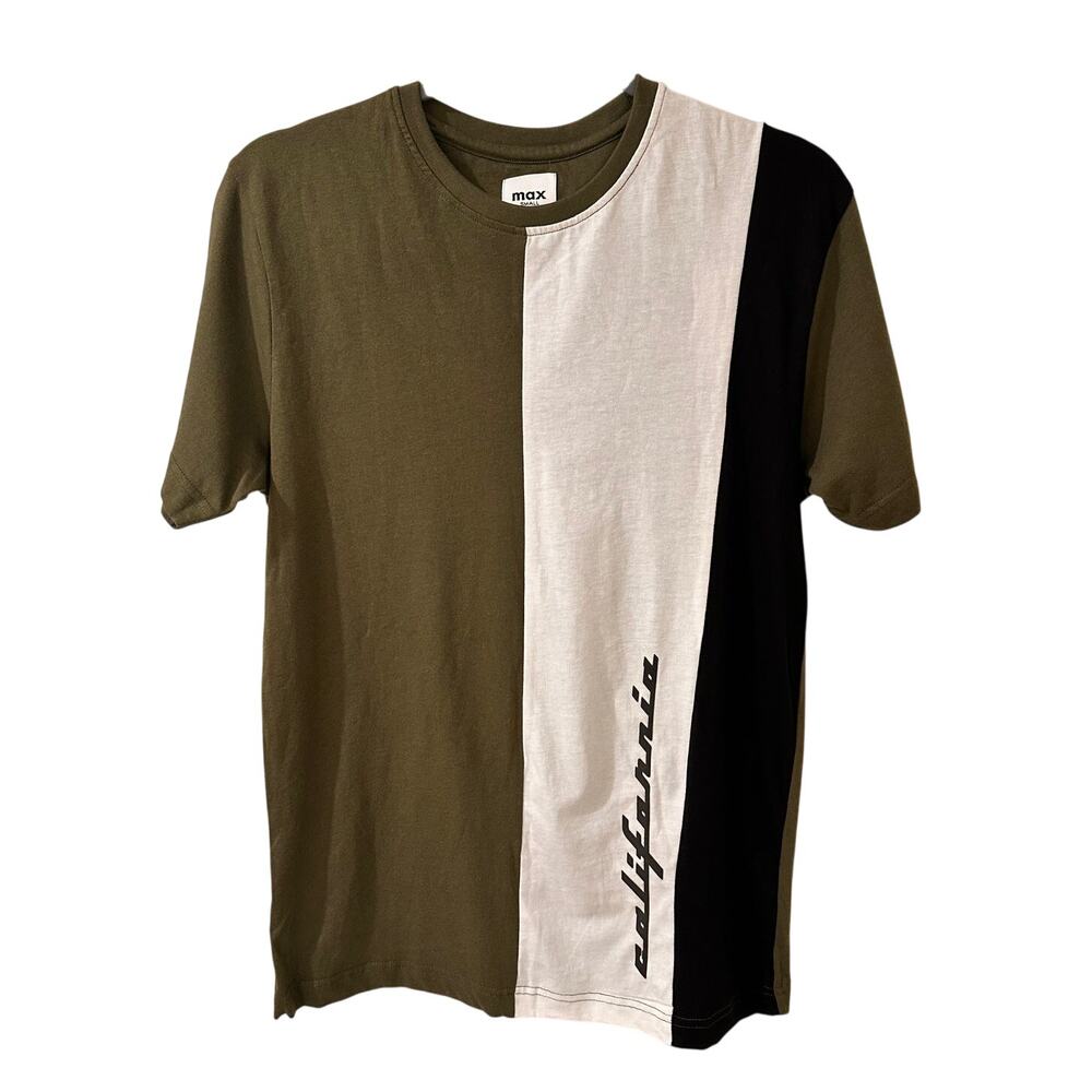 Max Men's Retro "California" Slim Fit T Shirt, Olive Black White Colorblock, S